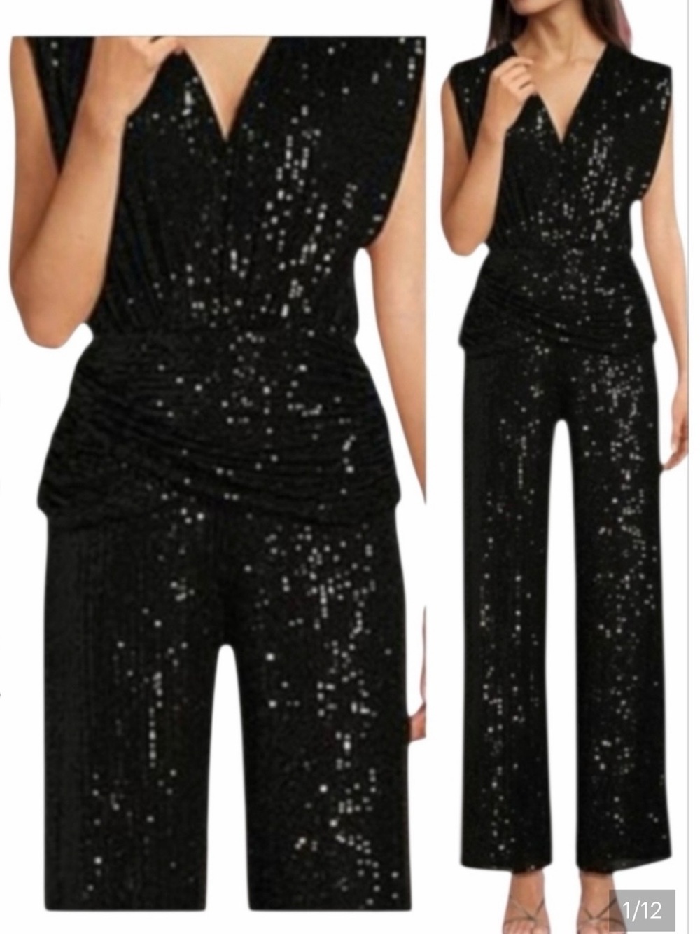 Badgley Mischka Black Sequin V-Neck Wide-Leg Jumpsuit